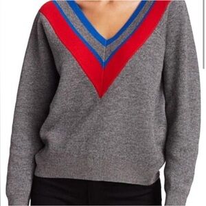 Sandro V Neck Grey Sweater with Color block Stripes